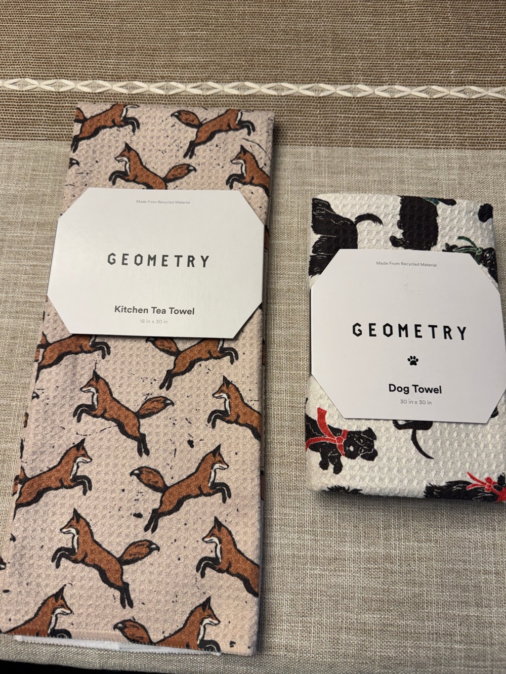Geometry Kitchen Tea Towel Fox Print and Puppy dog print Dog Towel NWT